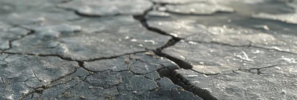 a close-up shot of a weathered concrete surface showing visible signs of wear, including cracks and discoloration, captured in an urban setting with industrial buildings in the background.