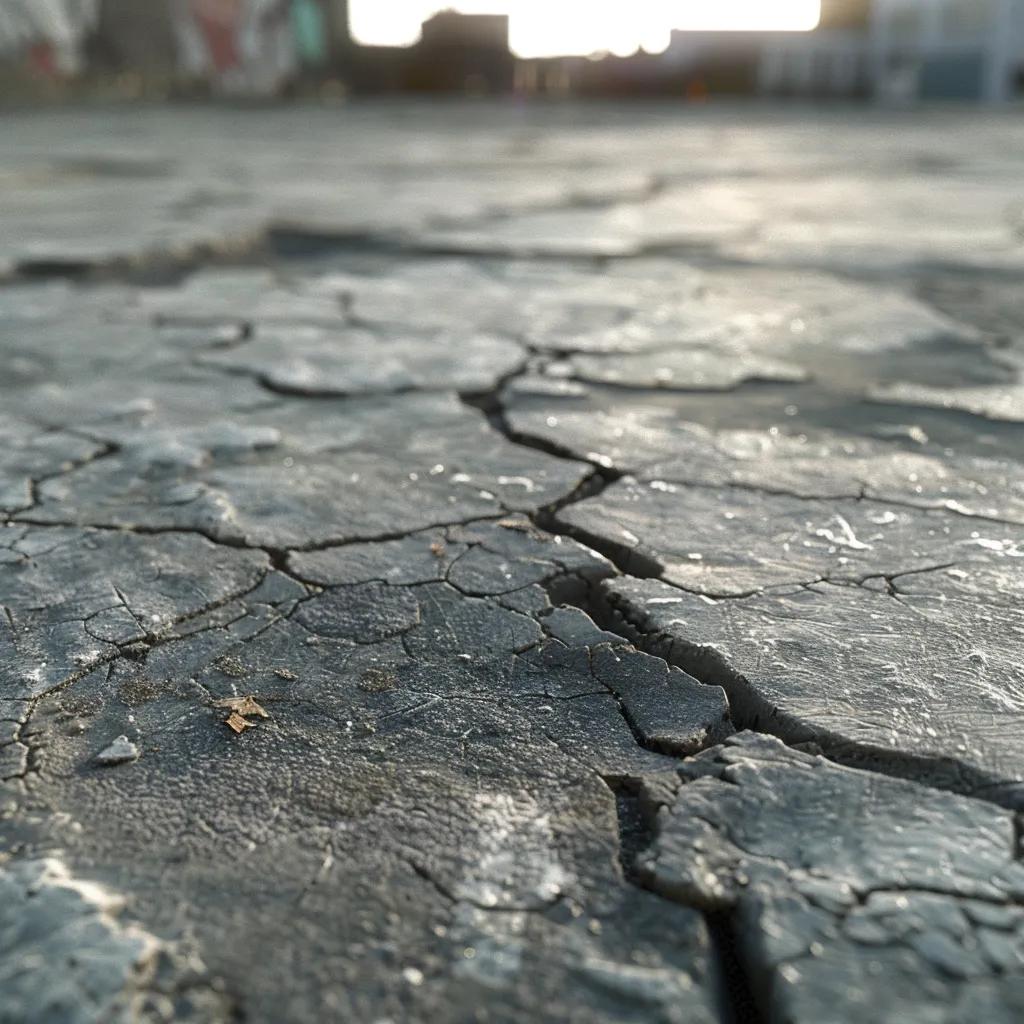 a close-up shot of a weathered concrete surface showing visible signs of wear, including cracks and discoloration, captured in an urban setting with industrial buildings in the background.
