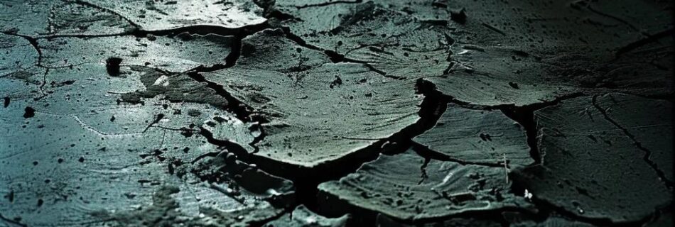 a dramatic close-up of a cracked, unsealed concrete surface in a dimly lit industrial setting, highlighting the textured imperfections and shadows that signal potential repair costs.
