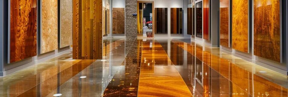 a modern, sleek showroom featuring vibrant, polished epoxy flooring samples under bright showroom lighting, showcasing the various textures and colors available from top suppliers in a professional and inviting atmosphere.