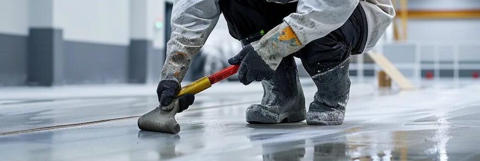 Professional applying concrete sealer to a commercial floor, emphasizing protective coatings for durability