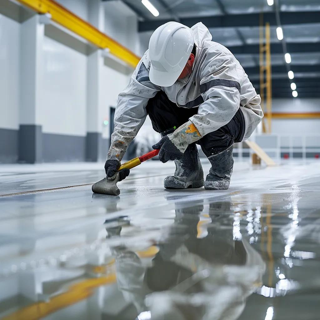 Professional applying concrete sealer to a commercial floor, emphasizing protective coatings for durability