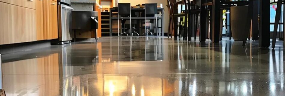 Polished commercial concrete floor in a Kelowna business, showcasing durability and aesthetic appeal