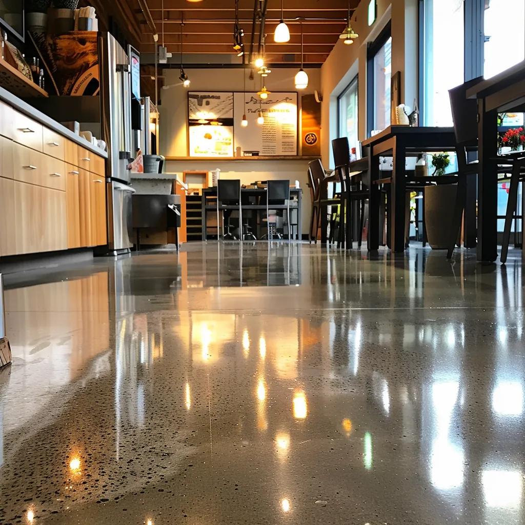 Polished commercial concrete floor in a Kelowna business, showcasing durability and aesthetic appeal