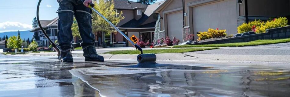 Professional applying concrete sealer on a driveway in Kelowna, emphasizing surface protection