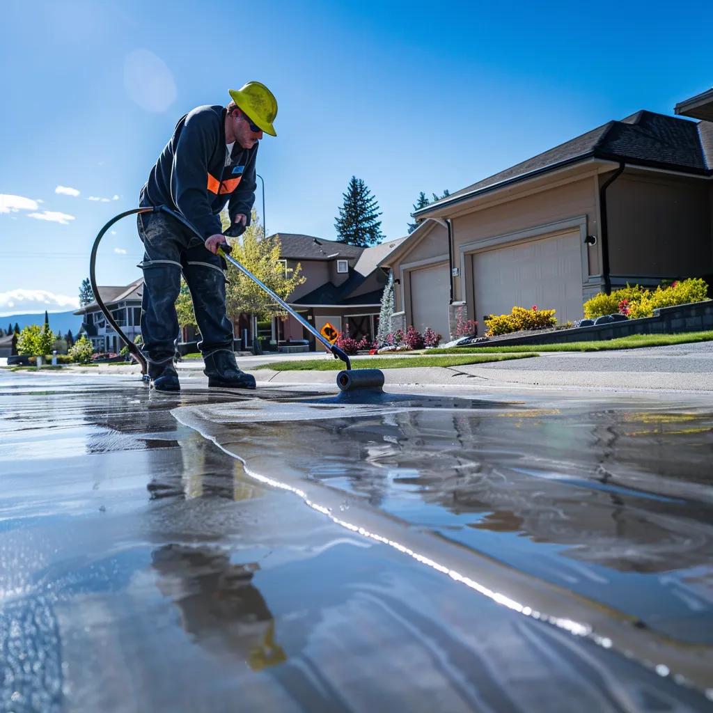 Professional applying concrete sealer on a driveway in Kelowna, emphasizing surface protection