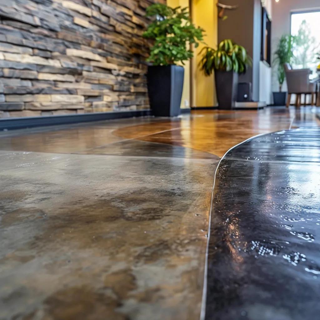 Comparison of different concrete sealers in a commercial setting, highlighting their textures and colors
