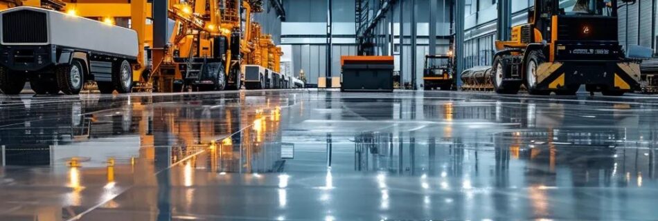 Commercial epoxy flooring in a busy warehouse highlighting its seamless and durable surface