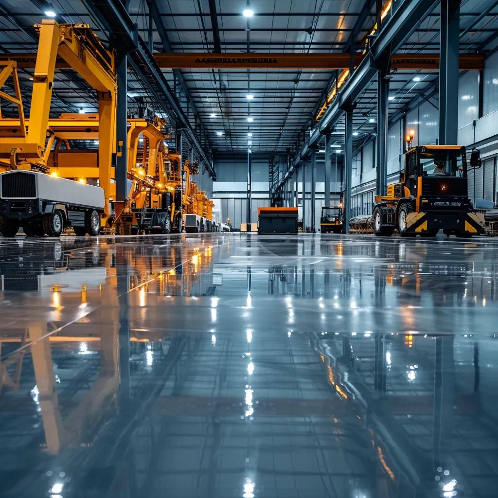 Commercial epoxy flooring in a busy warehouse highlighting its seamless and durable surface