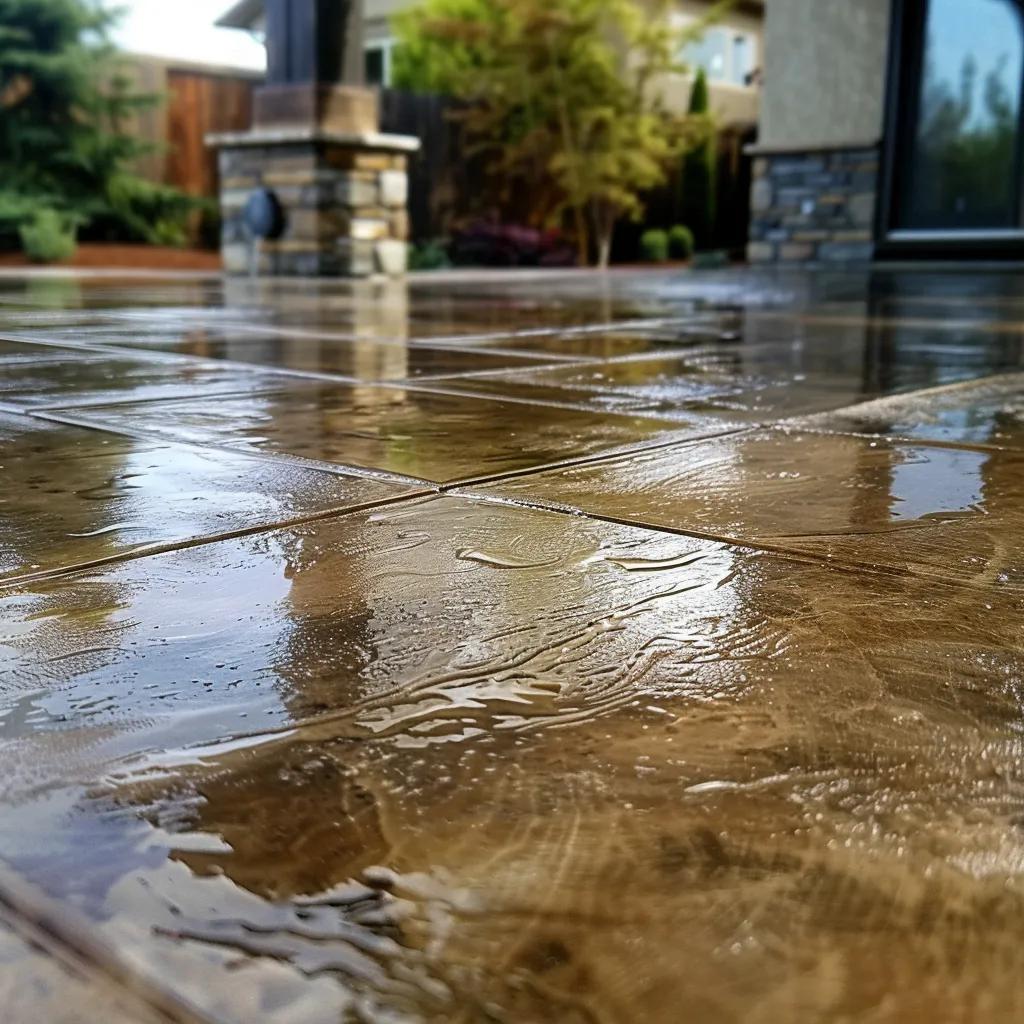 Close-up of a freshly sealed concrete patio showcasing glossy finish and enhanced color