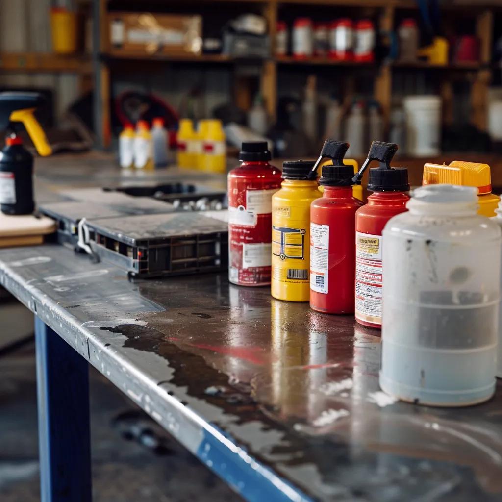 Various types of concrete sealers displayed with application tools on a workbench