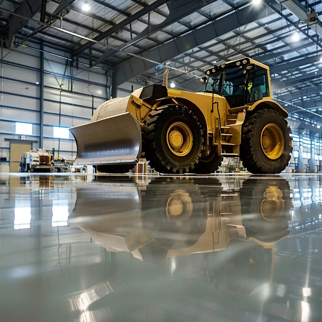 Heavy industrial vehicle on a resilient epoxy floor demonstrating superior durability