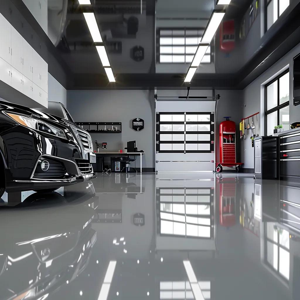 Glossy epoxy flooring in a modern garage highlighting durability and aesthetic appeal