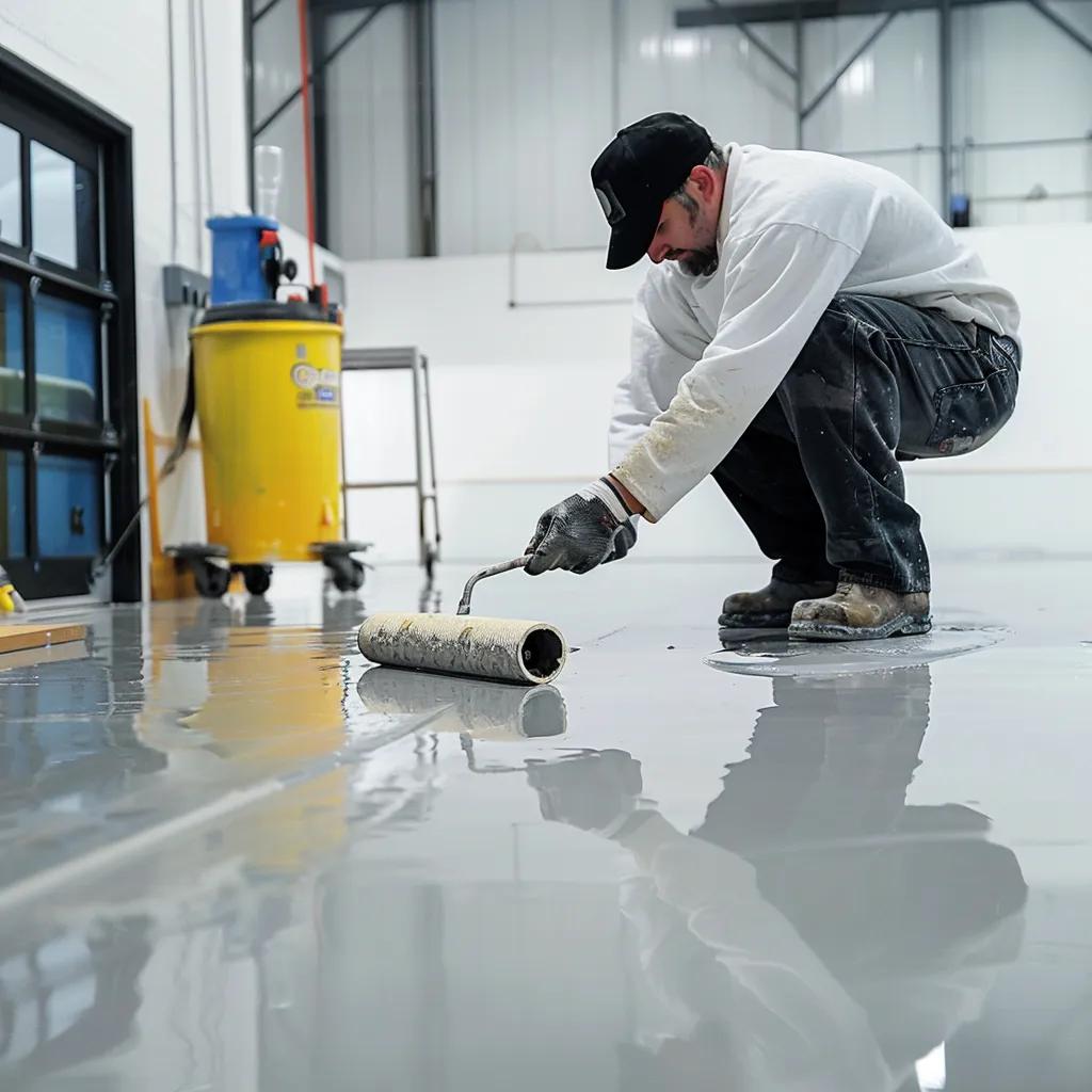 Contractor applying base coat of epoxy flooring in a commercial setting, illustrating the installation process
