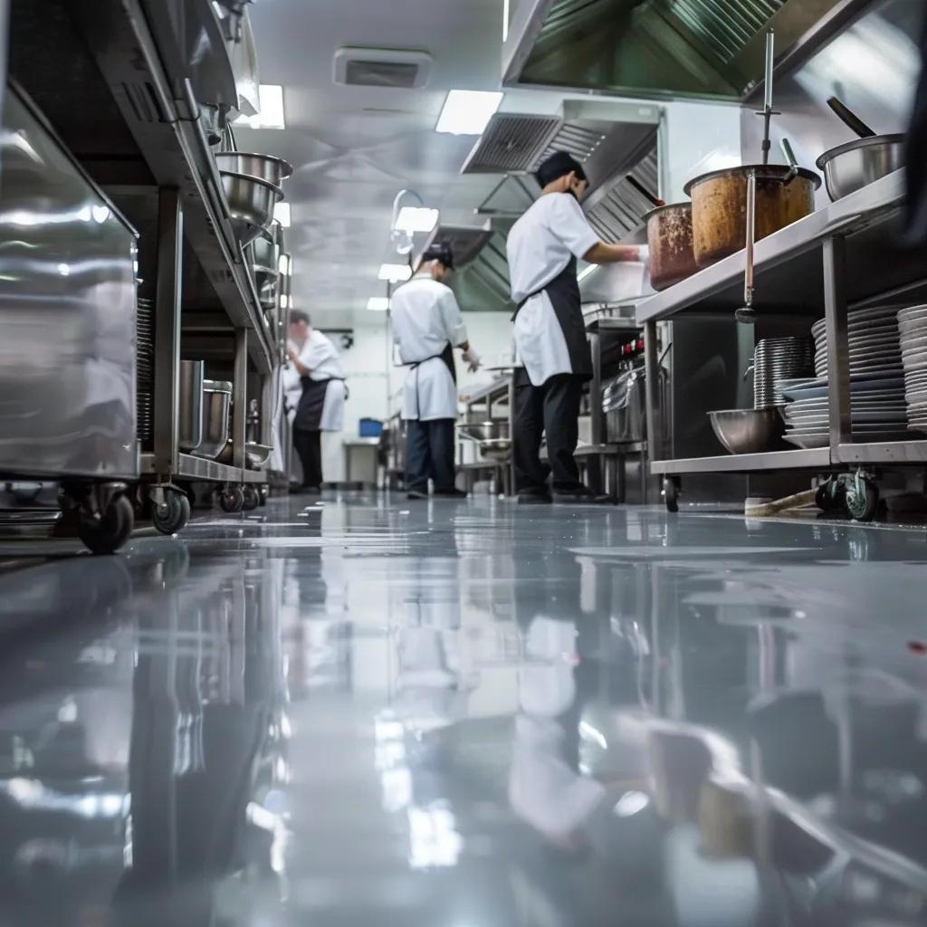 Epoxy flooring in a commercial kitchen demonstrating slip resistance and hygiene