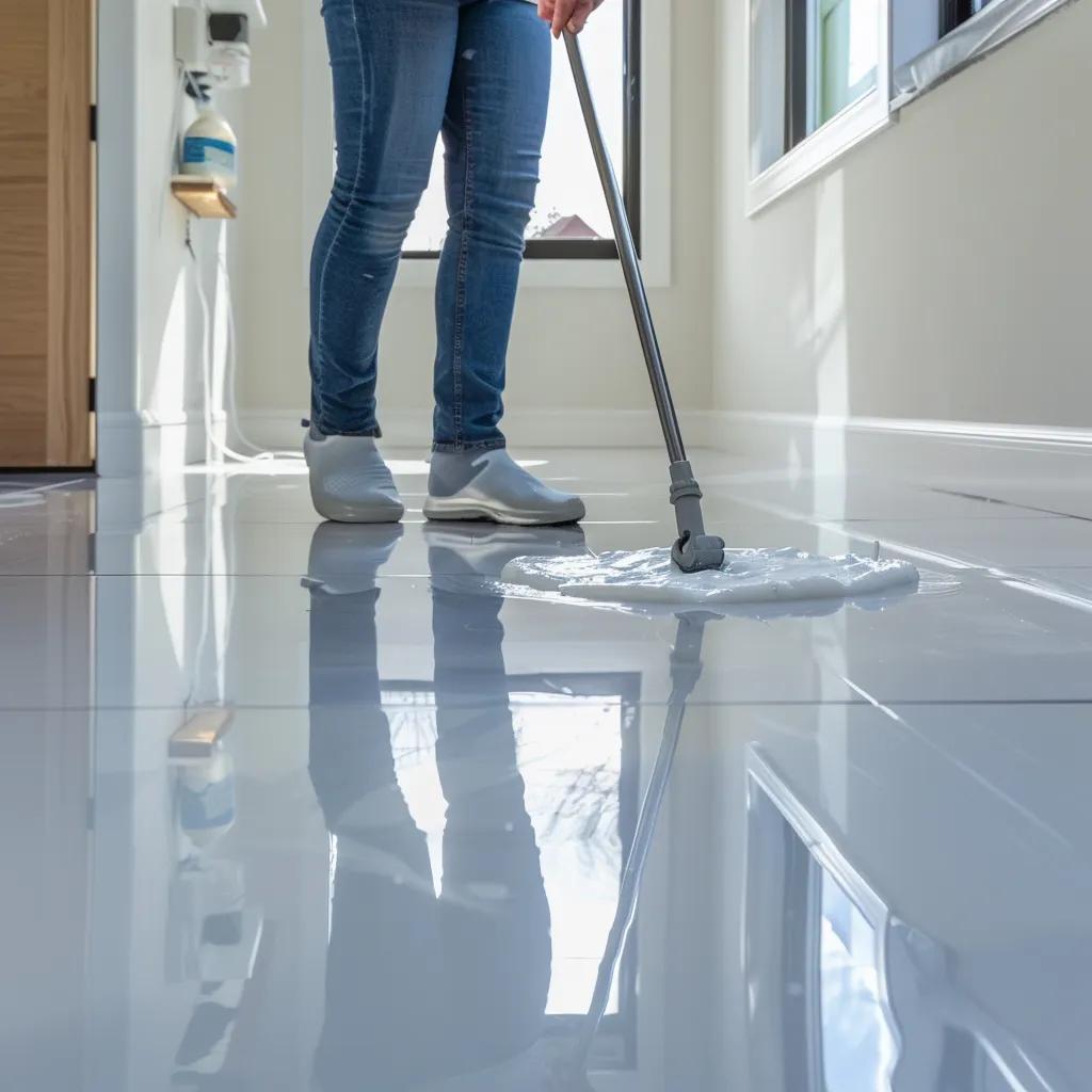 Homeowner cleaning epoxy flooring with a mop, demonstrating easy maintenance practices