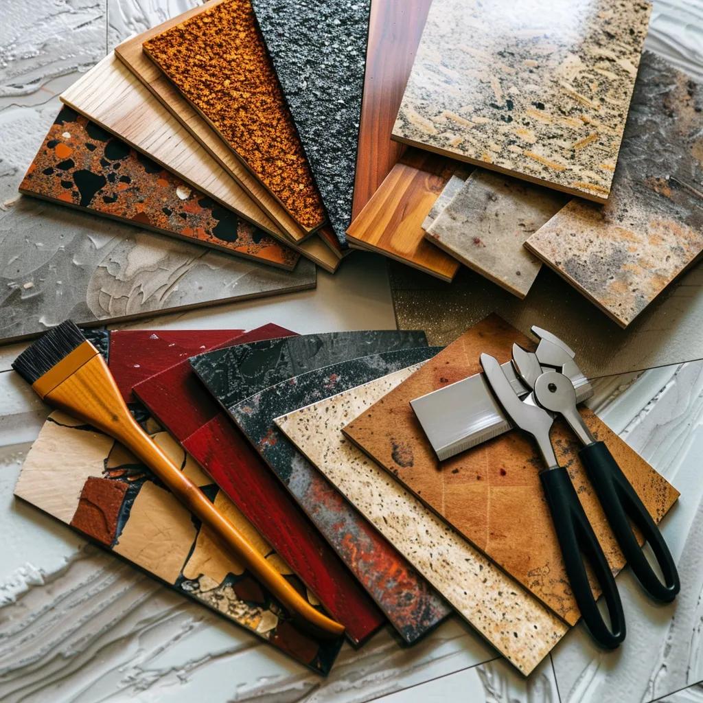 Different types of epoxy flooring samples and installation tools highlighting cost factors in commercial flooring