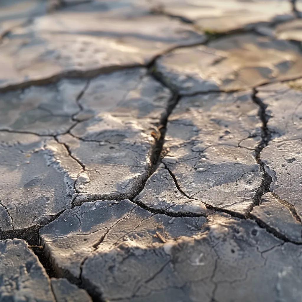 Close-up of stamped concrete showing freeze-thaw damage in a Kelowna landscape