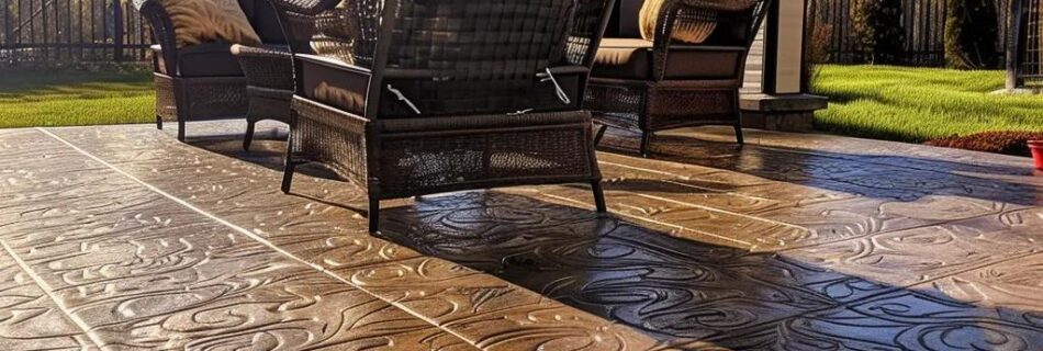 Freshly sealed stamped concrete patio in Kelowna with vibrant colors and intricate patterns