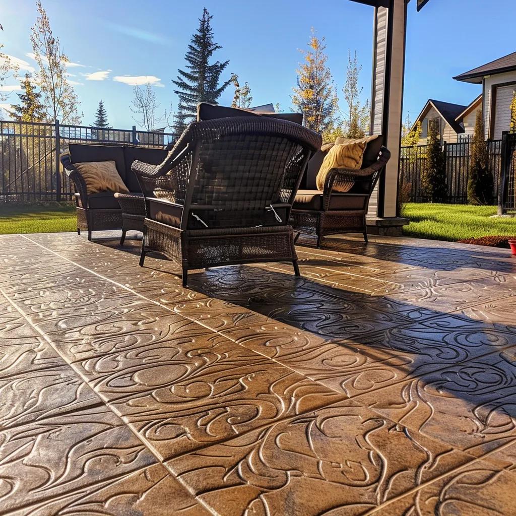 Freshly sealed stamped concrete patio in Kelowna with vibrant colors and intricate patterns