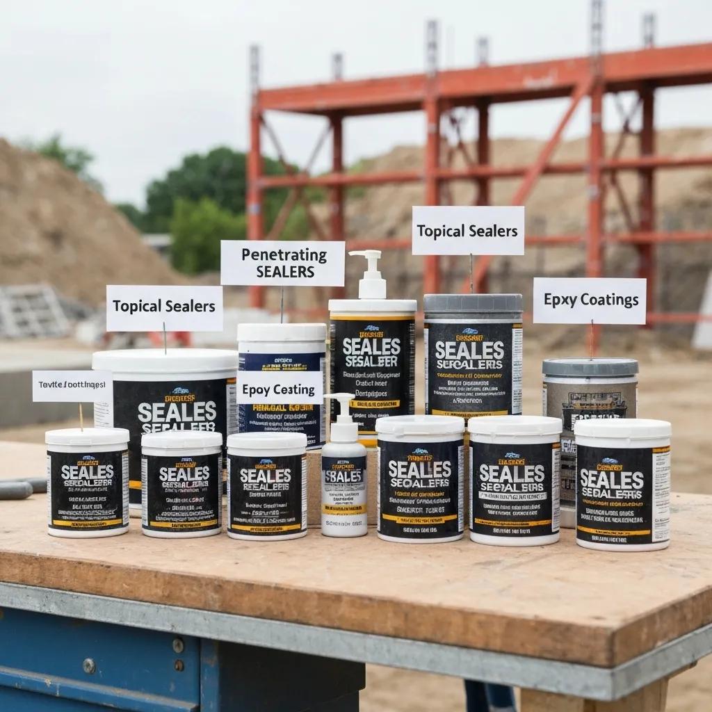 Different types of concrete sealers displayed on a workbench, showcasing options for sealing in Kelowna