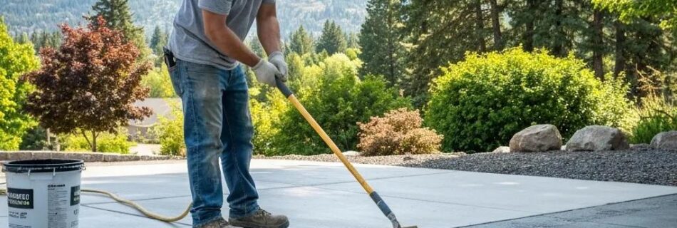 Contractor applying concrete sealant to a driveway in Kelowna, showcasing local expertise and service quality