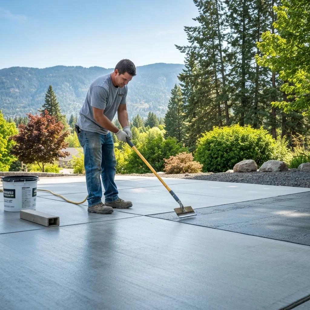 Contractor applying concrete sealant to a driveway in Kelowna, showcasing local expertise and service quality