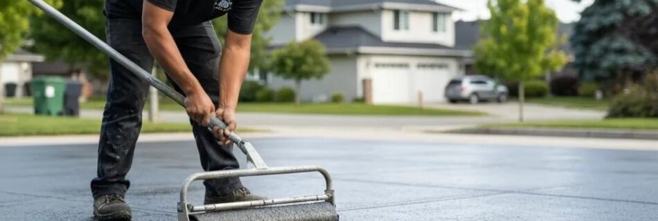 Professional technician sealing concrete driveway in Kelowna