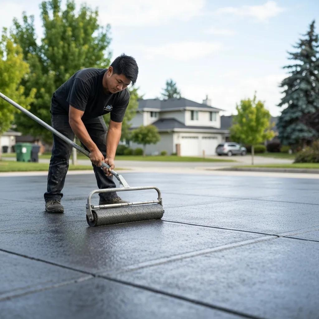 Professional technician sealing concrete driveway in Kelowna