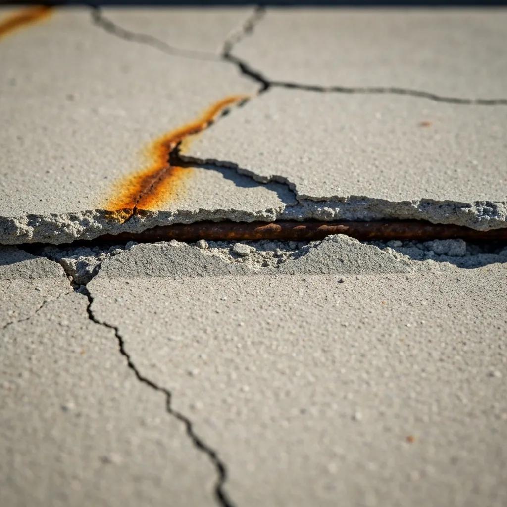 A close-up view of damaged concrete, revealing cracks, spalling, and efflorescence caused by persistent moisture intrusion.