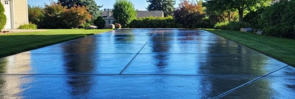 Freshly sealed concrete driveway in Kelowna showcasing enhanced curb appeal and durability
