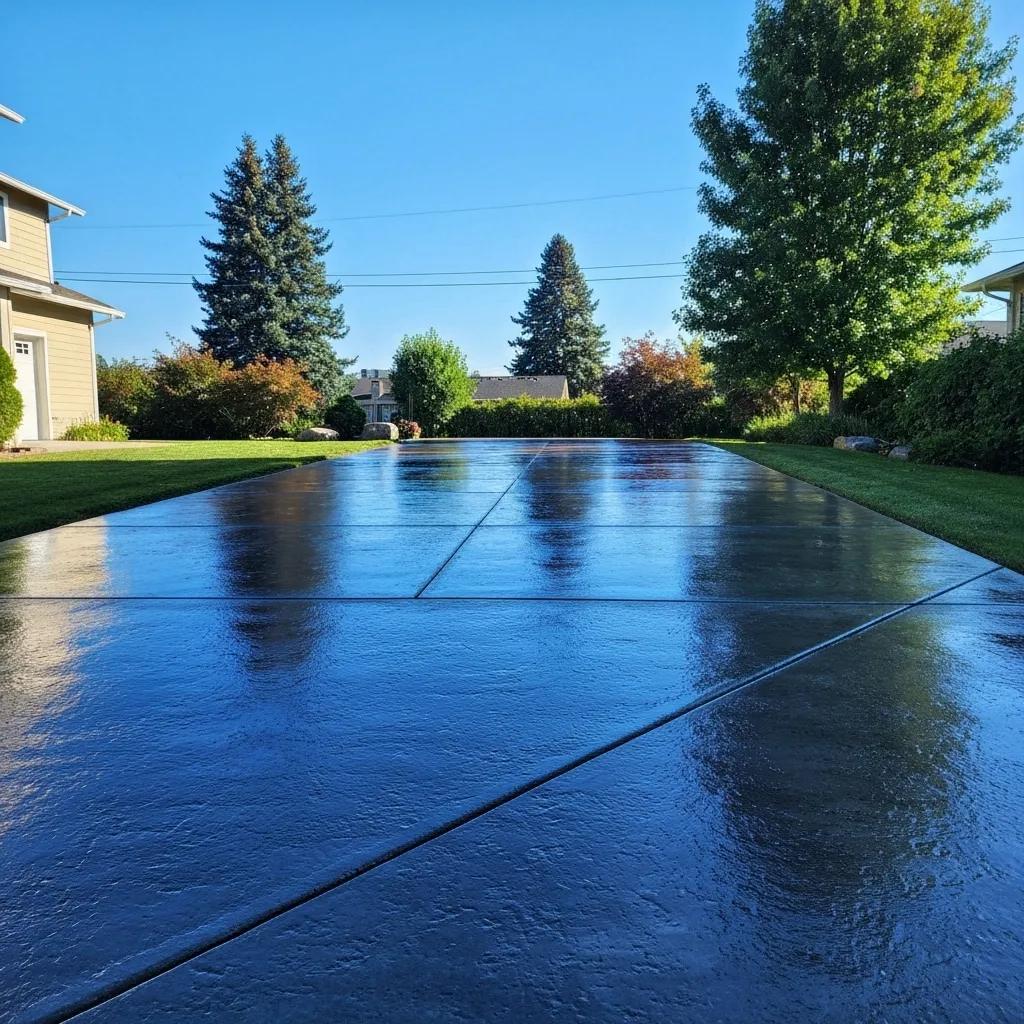 Freshly sealed concrete driveway in Kelowna showcasing enhanced curb appeal and durability