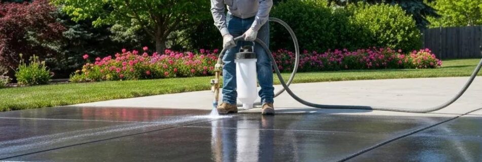 Professional applying concrete sealer on a driveway in Kelowna, highlighting sealing process and local climate