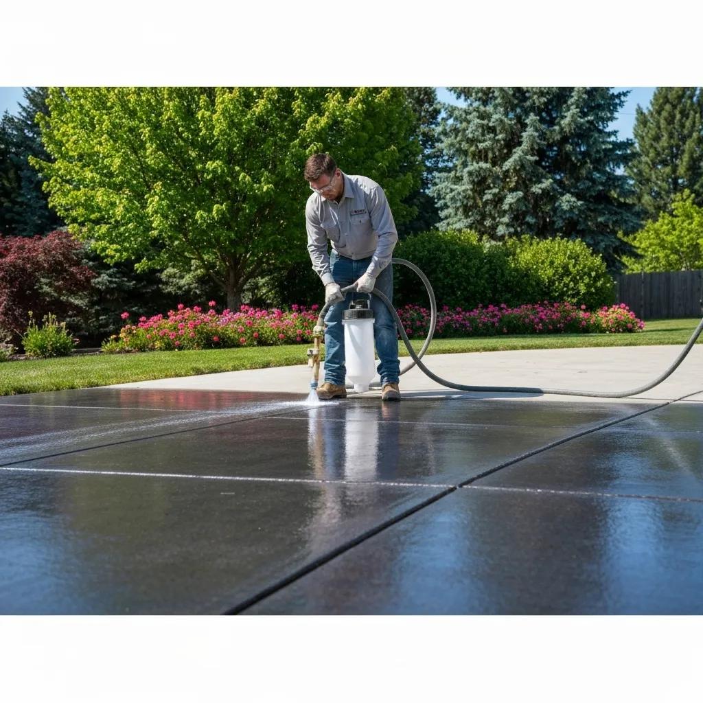 Professional applying concrete sealer on a driveway in Kelowna, highlighting sealing process and local climate