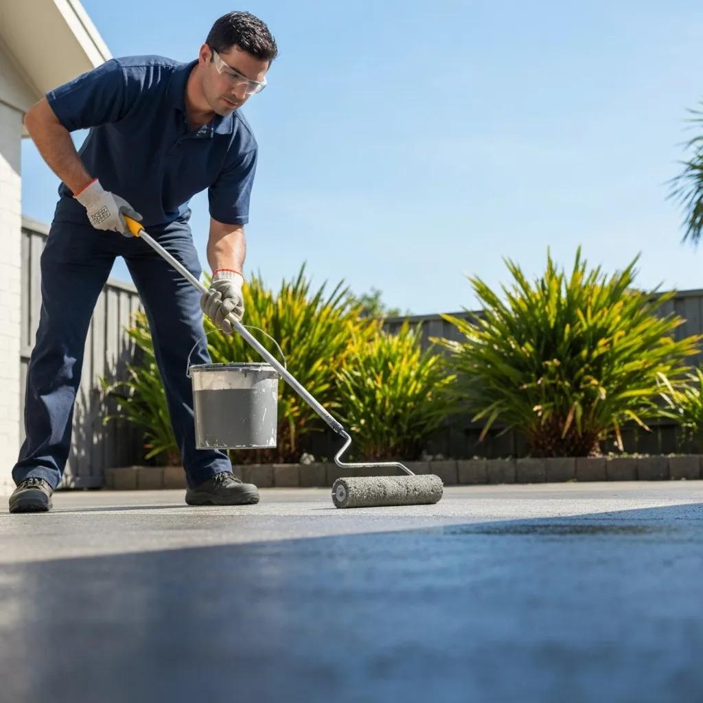A professional technician carefully applying concrete sealer to a driveway