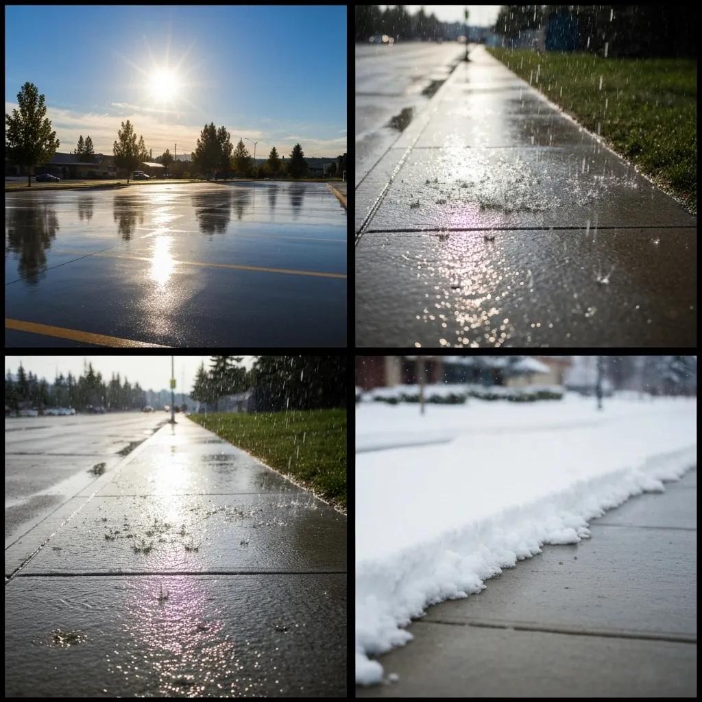 A collage showing different weather conditions affecting concrete sealing in Kelowna