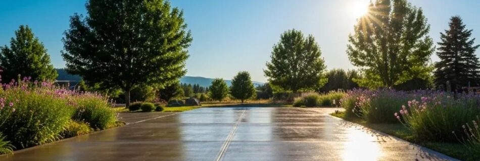 Freshly sealed concrete driveway in Kelowna under clear blue sky