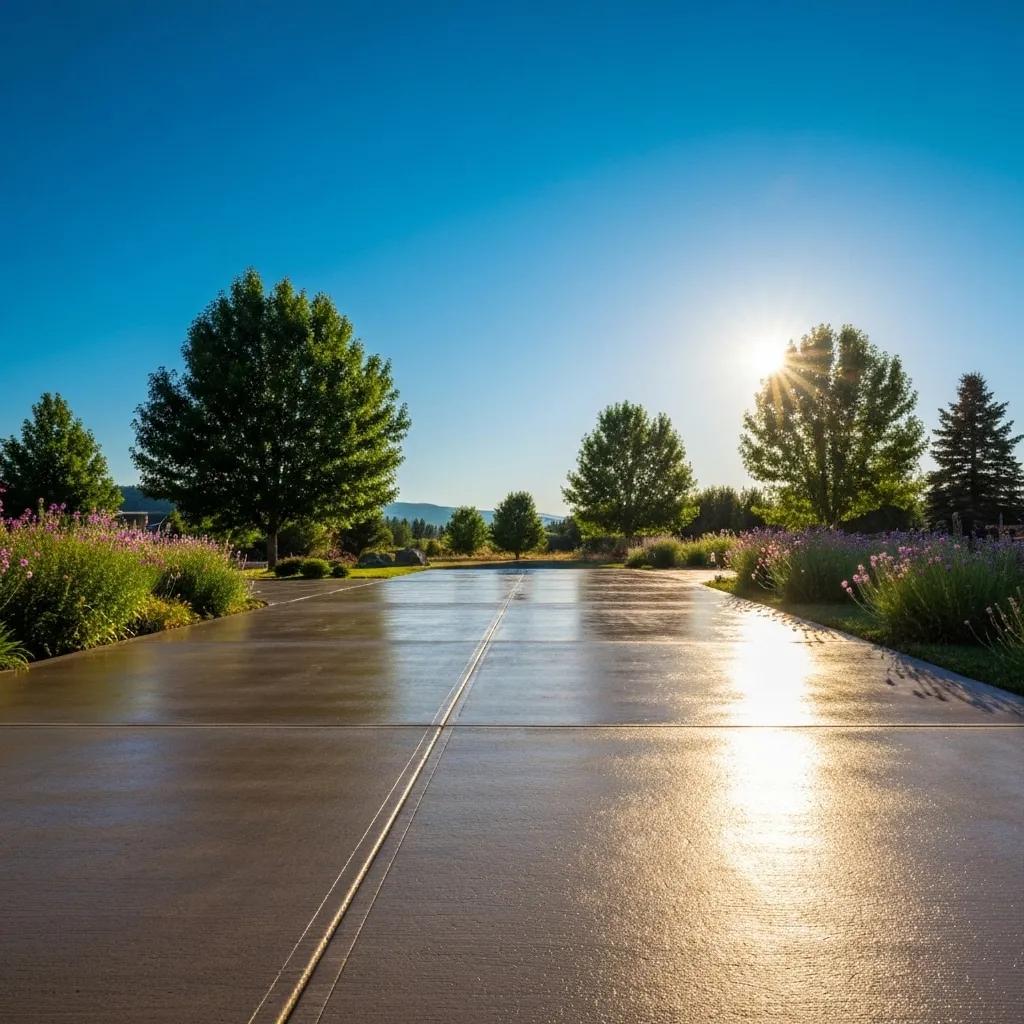 Freshly sealed concrete driveway in Kelowna under clear blue sky